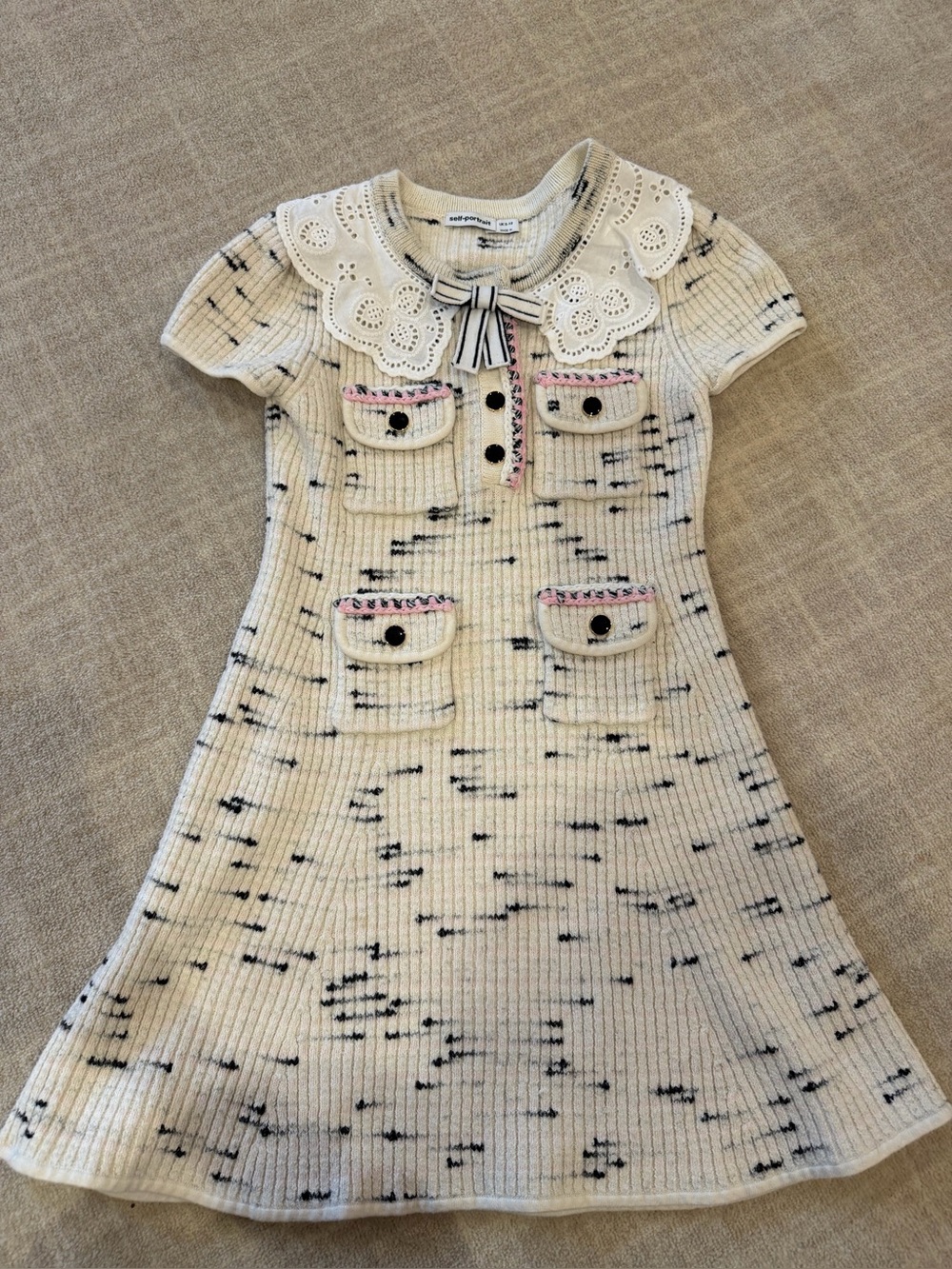 Self-Portrait Cream Knit Dress with Black Flecking and Pink Trim